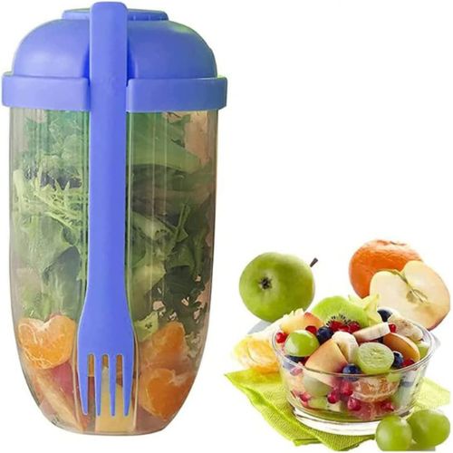On-the-Go Salad Shaker Cup, a convenient and eco-friendly salad container with fork and dressing holder. Perfect for working individuals and corporate professionals eating on the go.